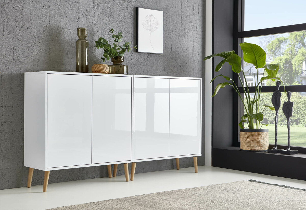 BMG Möbel Sideboard Mailand Set 20, grifflos, Holzfüße, Weiß/ Weiß ...