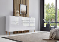 BMG Möbel Sideboard mit Holzfüße »Mailand Set 9«, Korpus weiß matt und weiß lackierte Hochglanzfronten, Oberboden in Artisan Eiche